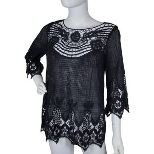 Soft Surroundings Crochet Knit Top Womens XS Black Boho Goth Sheer Witchy Layer